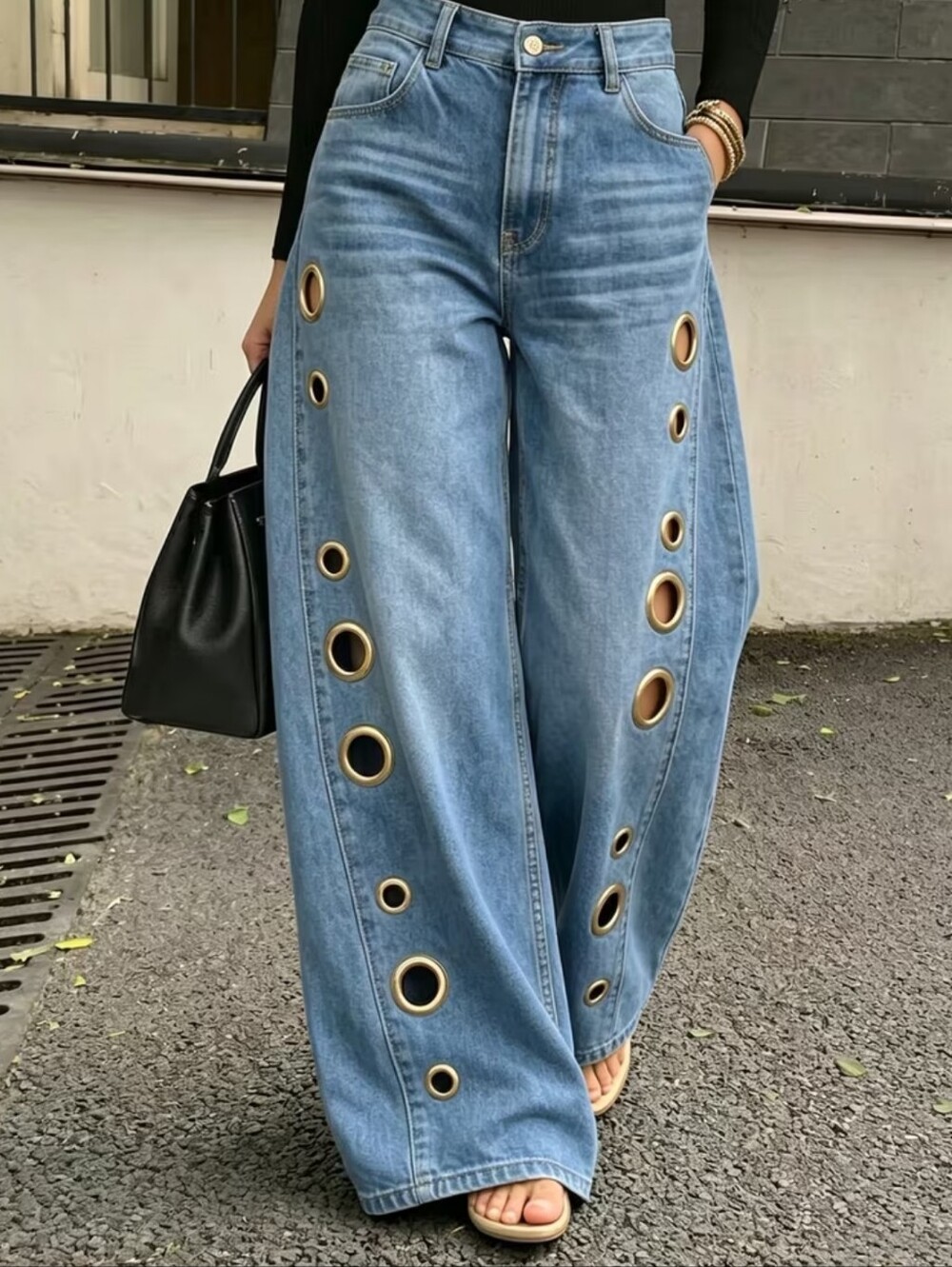 Women'S 2026 Metal Eyelet Wide Leg Jeans, High Waisted Washed Denim Pants, Uniqu - Picture 3 of 4